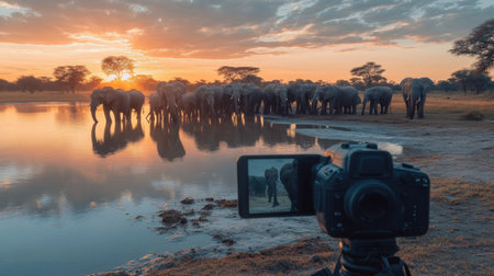 A wildlife camera set up near a watering hole, capturing a herd of elephants drinking at sunrise.の素材