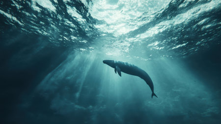A serene underwater image of a blue whale drifting peacefully through the ocean currents.の素材