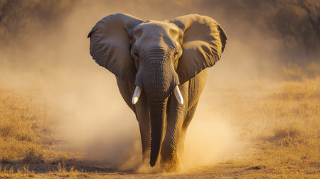 A powerful bull elephant leading its herd through the dusty savanna, its tusks gleaming in the sunlight.の素材