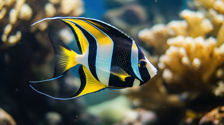A vibrant Moorish idol fish with striking black, white, and yellow patterns swimming in the reef.の素材