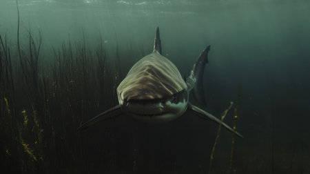 A bull shark moving stealthily through murky waters, its presence both mysterious and intimidating.の素材