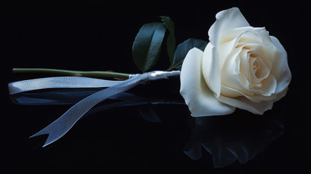 A modern white rose bouquet tied with a silver ribbon, resting on a sleek black surface for a contemporary look.の素材