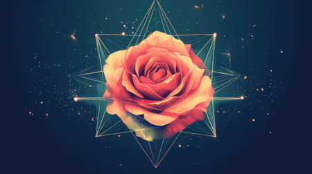 A vector image of a symmetrical rose with geometric shapes and crisp lines, blending nature with modern graphic design.の素材