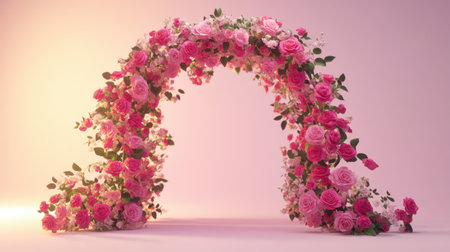A beautifully arranged pink rose floral wedding arch, with soft lighting and clean space for wedding text or branding.の素材