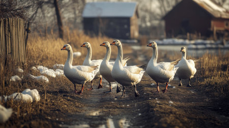 A group of geese waddling across a farmyard, flapping their wings as they move toward a small pond in the distance.の素材