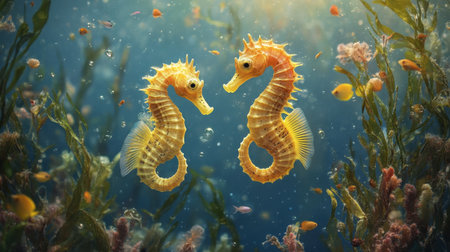 A pair of seahorses floating near the ocean floor, surrounded by tiny saltwater fish and swaying sea plants.の素材