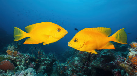 A pair of yellow tang fish swimming side by side in the blue waters of a tropical reef.の素材