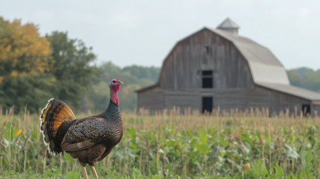 A turkey standing proudly in a farmyard, displaying its colorful feathers with a wooden barn in the background.の素材