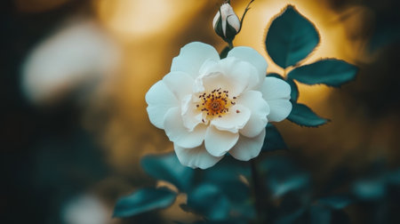 A white rose photographed with soft, blurred edges, creating a peaceful atmosphere and leaving room for copy.の素材