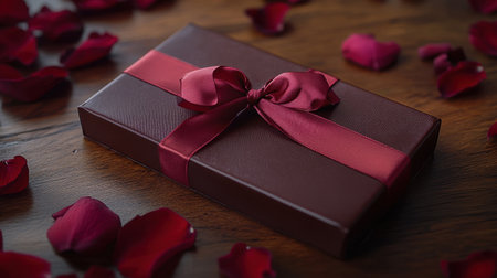A beautifully wrapped Valentine chocolate box with a red satin ribbon, placed on a wooden table surrounded by rose petals.の素材