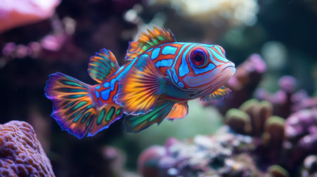 A mesmerizing mandarin fish with intricate, psychedelic colors gliding near a cluster of coral.の素材