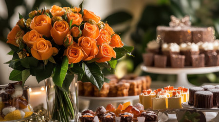 A birthday rose bouquet in warm orange tones, resting on a table filled with sweet treats and a sparkling candle centerpiece.の素材