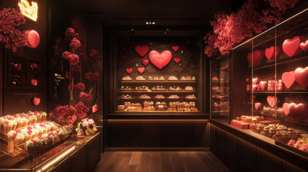 A chocolate shop offering custom Valentine gift sets, with a display of heart-shaped chocolates, edible flowers, and love-themed packaging.の素材
