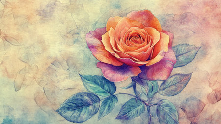 A botanical illustration of a blooming rose in vibrant colors, featuring soft gradients and detailed leaves, on textured paper.の素材