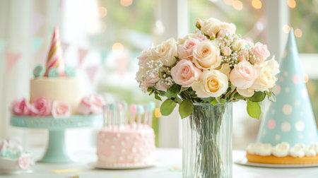 A birthday rose bouquet in soft pastel shades, displayed in a glass vase on a table set with party hats and a cake.の素材