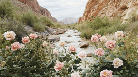 A botanical-inspired rose wallpaper with wild roses in shades of blush and coral, surrounded by leaves, on a neutral cream background.の素材