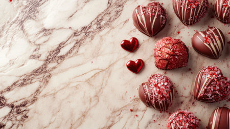 A close-up of Valentine chocolate strawberries with chocolate drizzle and heart-shaped toppings, placed on a marble surface with soft lighting.の素材