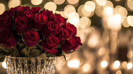 A close-up of a red rose bouquet arranged in a crystal vase, with bokeh lights in the background.の素材
