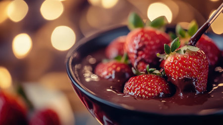 A close-up of fresh strawberries being dipped into dark chocolate fondue, with a blurred background of romantic lighting.の素材