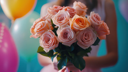 A close-up of a rose bouquet in blush tones, held by someone at a birthday party with colorful decorations in the background.の素材
