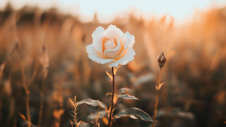 A close-up of a white rose in a field, with soft natural light and a blurred background, offering clean copy space.の素材