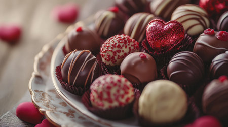 A close-up of a Valentine chocolate set featuring premium chocolate bonbons and truffles with decorative toppings, placed on a fine porcelain plate.の素材