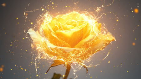 A close-up of a single yellow rose with its petals fully open, highlighting its bright and cheerful color against a neutral background.の素材