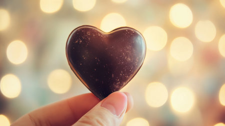 A creative shot of a hand holding a heart-shaped Valentine chocolate, with a soft-focus romantic background.の素材