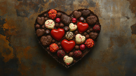 A creative Valentine chocolate display shaped into a heart, photographed from above with bright and cheerful lighting.の素材