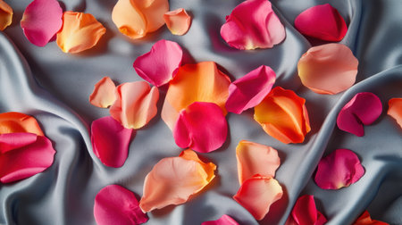 A flat lay of scattered rose petals in vibrant colors, styled on a silky fabric for a romantic theme.の素材