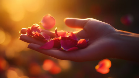 A hand gently holding rose petals, with soft sunlight streaming through the fingers, creating a dreamy, delicate effect.の素材