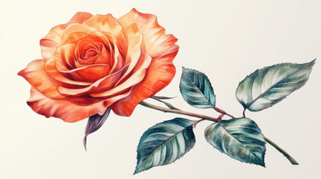A detailed drawing of a rose with watercolor touches, highlighting the gradient of color in the petals and leaves.の素材