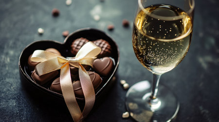 A heart-shaped Valentine chocolate box with a luxurious satin ribbon, placed next to a sparkling glass of champagne.の素材