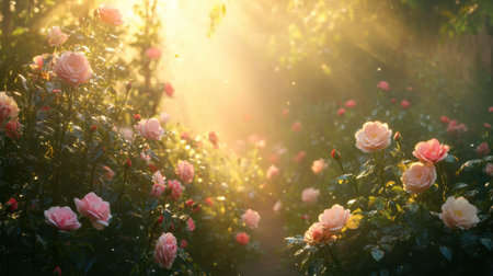 A fresh morning scene in a rose garden with mist hanging in the air and roses shimmering with dew, creating a peaceful atmosphere.の素材