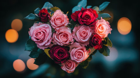 A heart-shaped arrangement of pink and red roses, with soft lighting and a blurred background creating a warm, loving ambiance.の素材