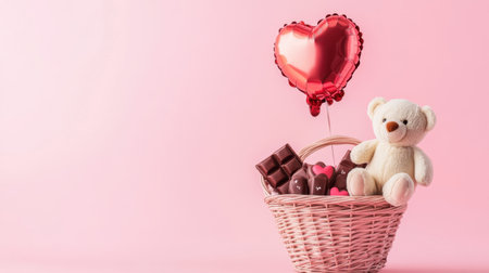 A festive Valentine gift basket featuring chocolates, a small stuffed bear, and a love-themed balloon, placed on a soft pink backdrop.の素材