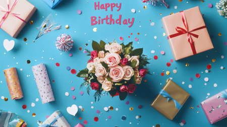 A flat lay of a birthday rose bouquet surrounded by wrapped gifts, party poppers, and a Happy Birthday sign.の素材