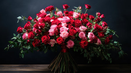 A high-resolution shot of a large, cascading rose bouquet with vibrant red and pink flowers, against a dark background.の素材