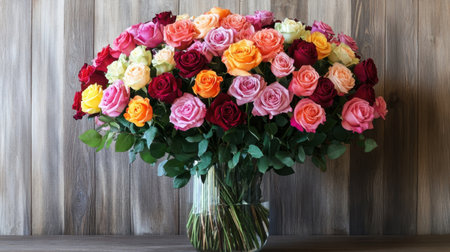 A large bouquet of multi-colored roses arranged in a tall vase, displayed on a polished wooden surface.の素材