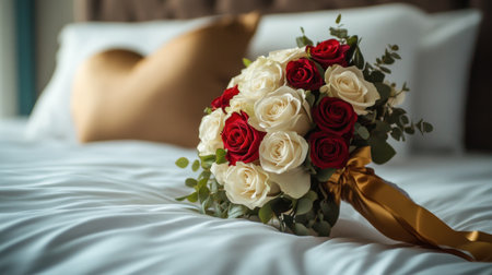 A modern rose bouquet with white and red blooms, tied with a golden ribbon, resting on a bed with a heart-shaped pillow.の素材