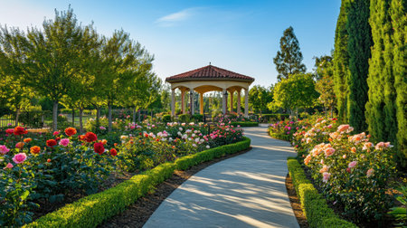 A peaceful rose garden path lined with colorful rose bushes, leading to a tranquil gazebo in the background.の素材