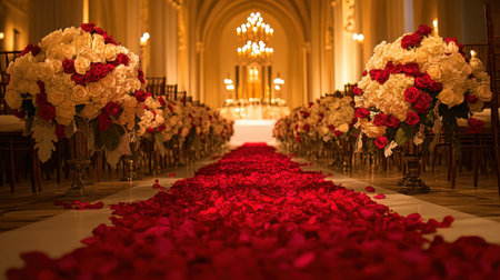 A romantic wedding aisle lined with rose petals, leading to an altar adorned with lush rose arrangements, bathed in soft light.の素材