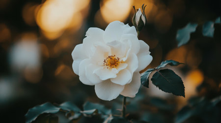 A soft-focus photograph of a white rose, with petals gently blurred and subtle lighting, offering plenty of space for text or branding.の素材