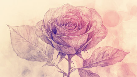 A rose drawn in fine lines with intricate detail and shading, accompanied by soft watercolor touches in shades of pink and lavender.の素材