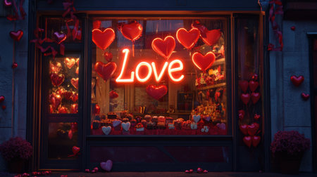 A storefront of a Valentine chocolate shop, adorned with red ribbons, heart-shaped balloons, and a glowing Love sign.の素材