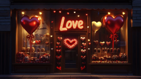 A storefront of a Valentine chocolate shop, adorned with red ribbons, heart-shaped balloons, and a glowing Love sign.の素材