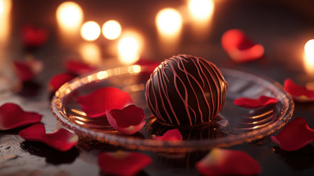A Valentine chocolate truffle with a delicate design, placed on a glass plate with scattered rose petals and a warm, glowing ambiance.の素材