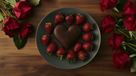 A top-down shot of Valentine chocolate strawberries arranged in a heart shape on a plate, surrounded by fresh red roses.の素材