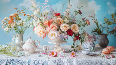 A whimsical rose bouquet featuring pastel shades and wildflower accents, styled on a lace tablecloth with vintage props.の素材