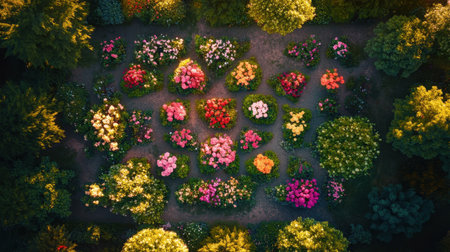 A top-down view of a rose garden with a variety of colored roses arranged in patterns, captured from above in the soft light of late afternoon.の素材
